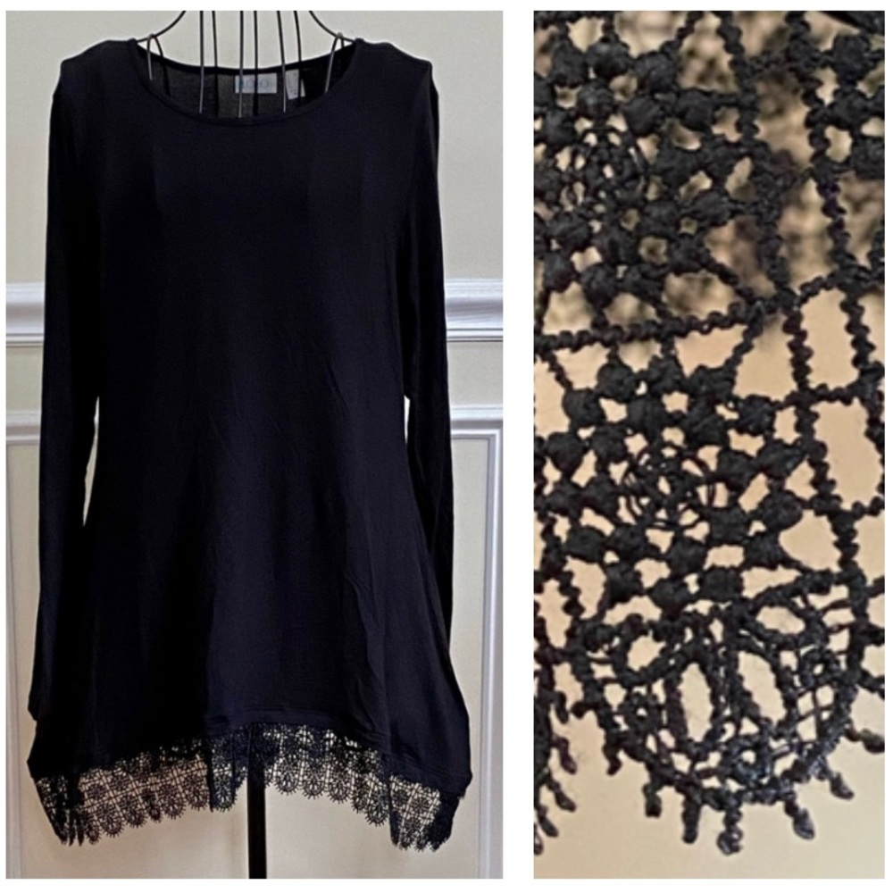 NWOT LOGO Lori Goldstein Crochet Trim Black Long Sleeve Tunic Top - Picture 1 of 5